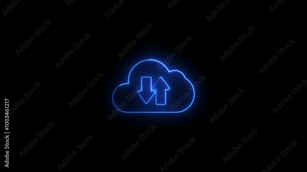 Poster upload icon symbol, cloud icon and neon line upload arrow icon animation on black background. glowin