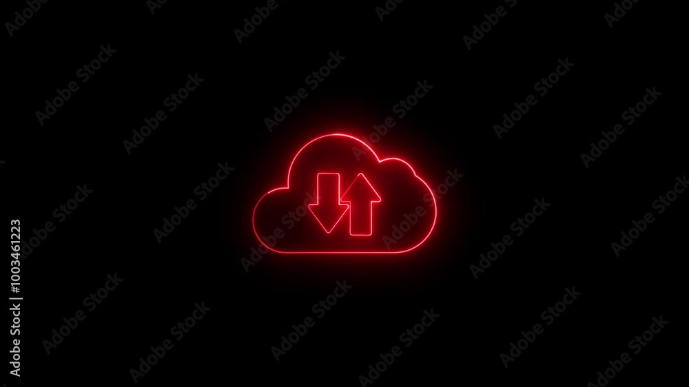 Poster upload icon symbol, cloud icon and neon line upload arrow icon animation on black background. glowin