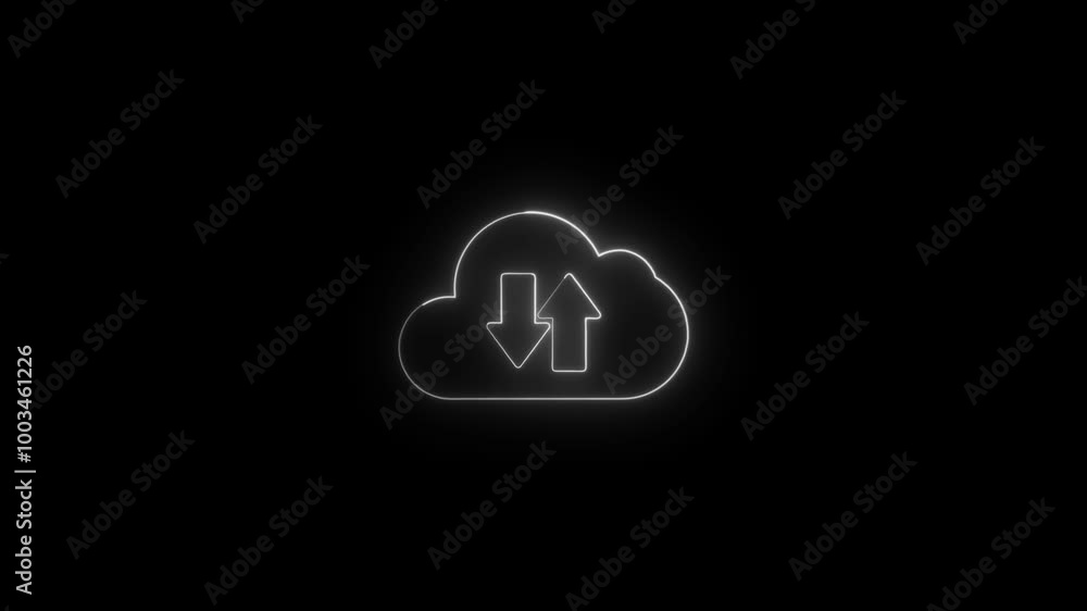 Poster upload icon symbol, cloud icon and neon line upload arrow icon animation on black background. glowin