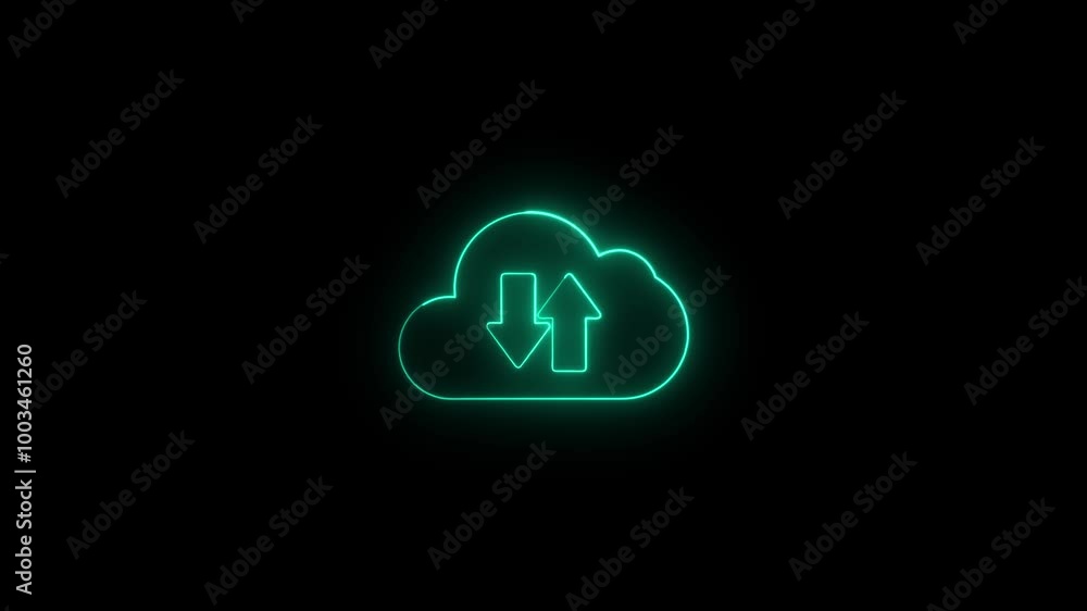 Poster upload icon symbol, cloud icon and neon line upload arrow icon animation on black background. glowin