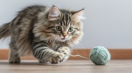 Playful kitten chasing a string with a yarn ball on a light wooden floor.