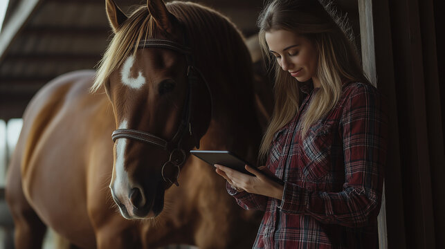 Woman using digital tablet standing by horse in stable
