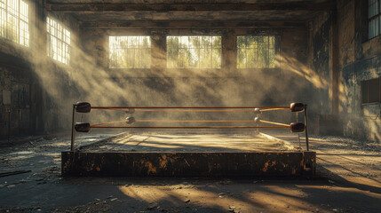 Abandoned boxing ring in deserted gym, dust particles floating in air create haunting atmosphere. remnants of once vibrant space evoke nostalgia and mystery