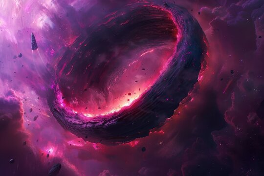 Cosmic Devourer, a dramatic portrayal of a black hole consuming a spaceship, showcasing swirling cosmic forces and the tension of impending destruction in a vivid digital landscape.