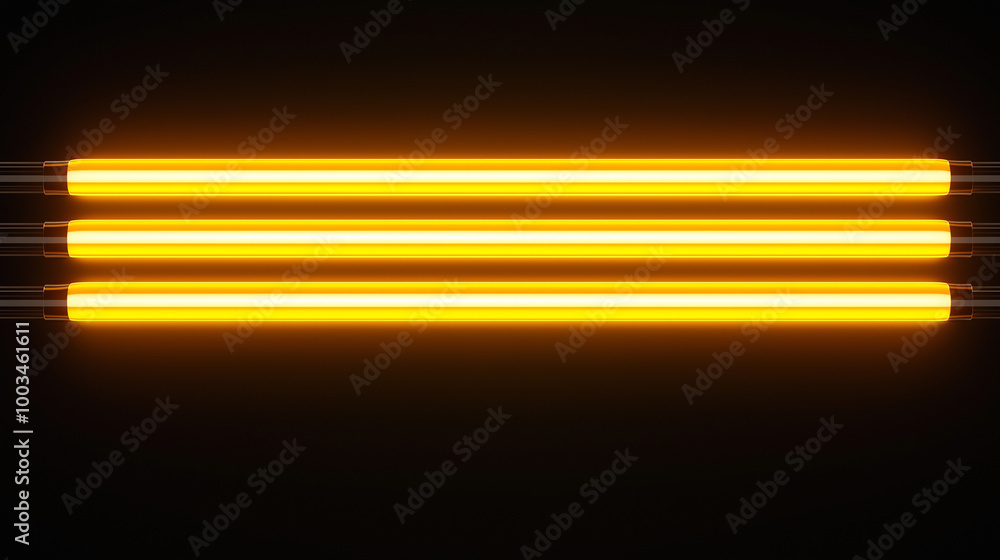 Poster three horizontal parallel glowing orange neon tubes in the dark background