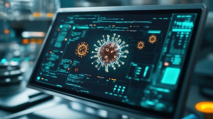 Flu treatment algorithm, holographic interface, dark high-tech lab, digital virus mapping