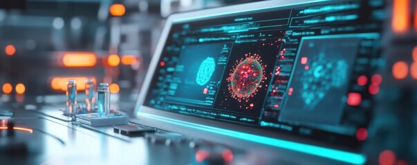 Fototapeta premium Influenza vaccine research, translucent holographic screens, futuristic sterile environment, neon glow