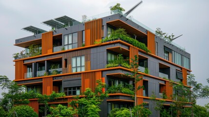 Obraz premium Net-Zero Energy Building: A structure that generates as much renewable energy as it consumes annually, utilizing solar panels, wind turbines, and efficient energy management. 