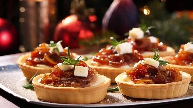 Delicious homemade onion tartlets with feta and rosemary on a festive table for a cozy christmas dinner. Close up captures the essence of a winter feast