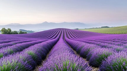 Obraz premium Lavender field, vibrant purple blooms, clear sky, lush green hills.