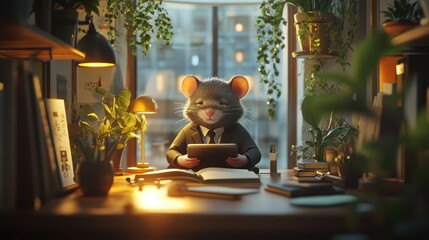 A bustling office scene where a business mouse, dressed in a sharp suit, takes a break to meditate at its tiny desk, with a serene background of soft lighting and calming plants