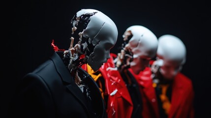 Artistic representation of mannequins with unique features against dark background.
