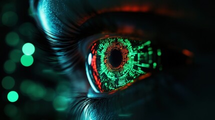 Naklejka premium Close-up of a futuristic eye with digital patterns in vibrant colors.