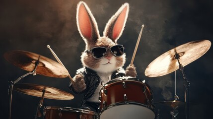 A cute rabbit wearing sunglasses and a leather jacket plays drums with a serious expression.