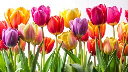 Fototapeta premium Brightly colored tulips in full bloom against a crisp white backdrop, showcasing fresh and elegant floral designs that