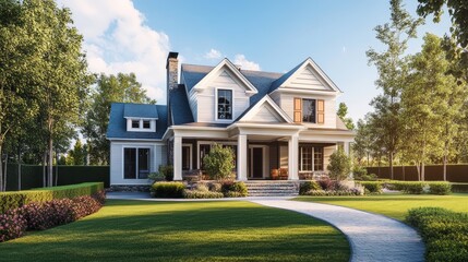Fototapeta premium A beautiful two-story home with a large front porch and manicured lawn.