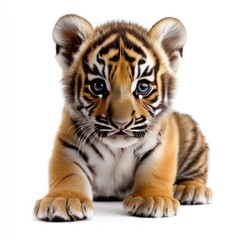 Obraz premium A cute baby tiger cub, isolated on a clean white background, showcasing its soft fur and curious eyes