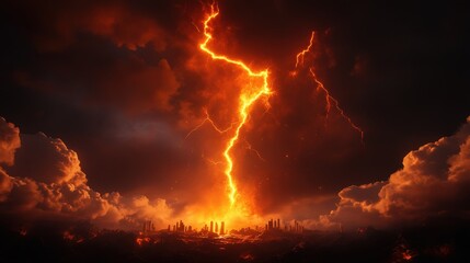 Dramatic lightning bolt striking through dark storm clouds