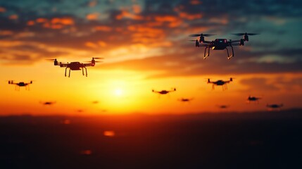 Drones flying in the sunset, creating a stunning aerial scene.