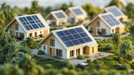 Fototapeta premium Community of off-grid homes, each powered by solar and wind energy, Off-grid eco-community, low-impact sustainable living