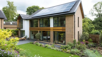 Large eco-friendly family home with rainwater collection and solar panels, Sustainable family home, low-impact residential architecture