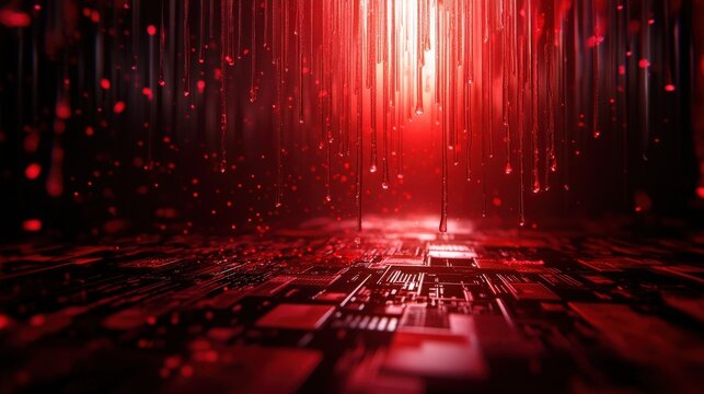 Futuristic digital landscape with red glowing lines and circuit patterns.