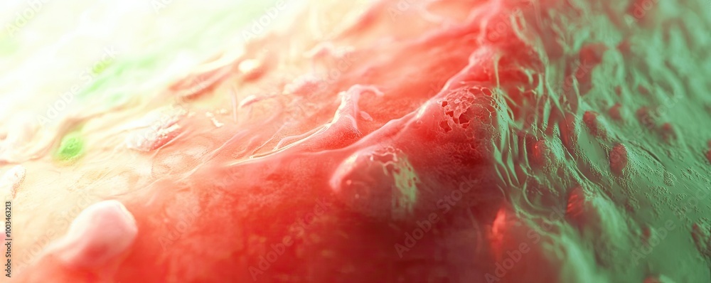 Poster vibrant abstract texture with red and green hues, creating captivating visual depth and fluidity.