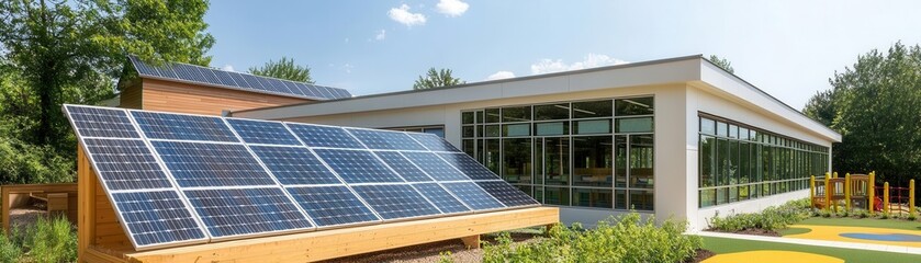 Solar-powered school building with large windows and green play areas, Eco-friendly school, sustainable educational architecture