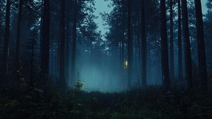 Fototapeta premium A Mystical Path Through a Foggy Forest at Dusk
