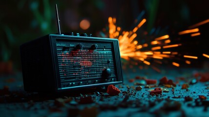 Old radio with sparks on a dark surface, surrounded by scattered debris, dramatic lighting.