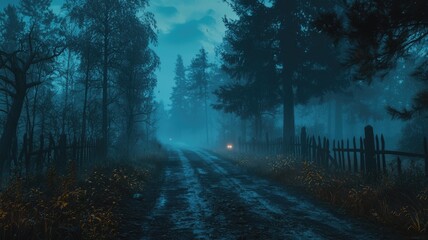 A Mystical Foggy Forest Path at Night with a Wooden Fence