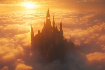 Fototapeta premium Majestic Castle Above the Clouds at Sunset