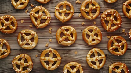 Fototapeta premium Pretzel Crackers and Salty Sticks: A Delicious Spread on a Wooden Table, Flat Lay
