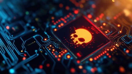 Skull icon on a circuit board, glowing lights and vibrant colors, high-tech abstract design.