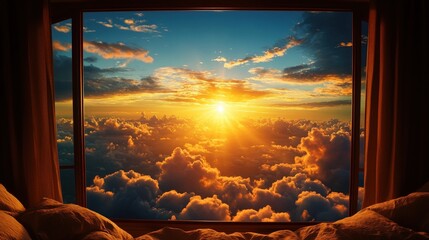 Stunning sunrise view from a window over clouds, vibrant colors and tranquil atmosphere.