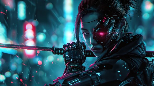 Cyberpunk style Cyborg ninja woman with sword AI generated image