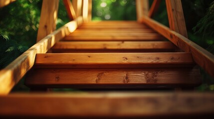 Wooden staircase leading up to a serene forested area, vibrant green foliage surrounds.