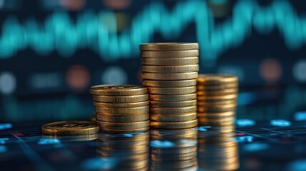 Stacks of coins with a stock market graph in the background, highlighting the concept of investments, economic success, and market performance.