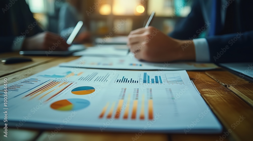 Poster Financial documents with graphs at a business meeting. Financial reports with charts and graphs on a meeting table, showing various metrics and statistics for business performance analysis.