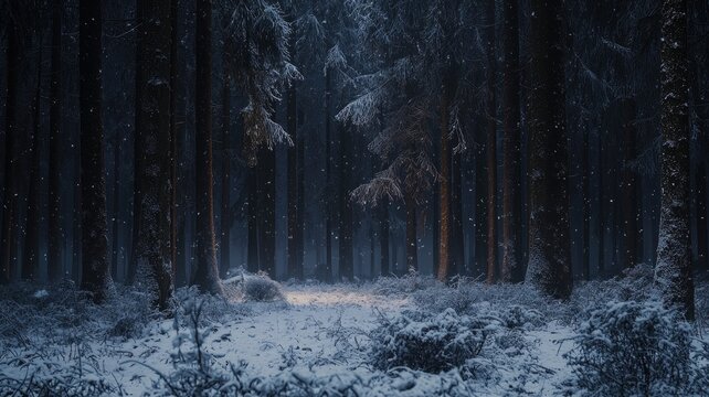A Snowy Forest Path at Night