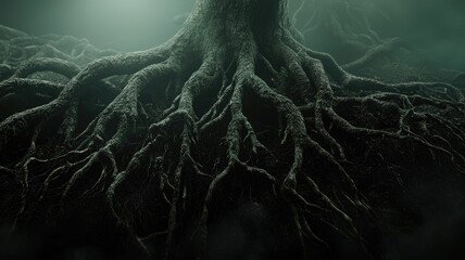 A close-up of gnarled tree roots in a dark, misty forest