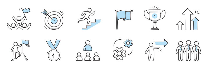 Doodle career icon set. Success winner, business goal, challenge hand drawn sketch line pen stroke style icon. Professional business career, goal sketch doodle drawn collection. Vector illustration