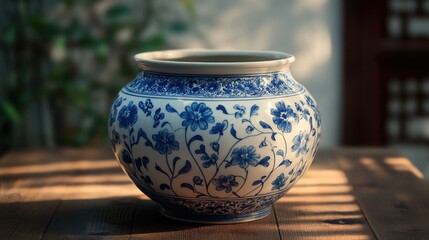 Beautiful Chinese flowerpot with traditional blue and white patterns, showcasing delicate floral designs and rich detail.