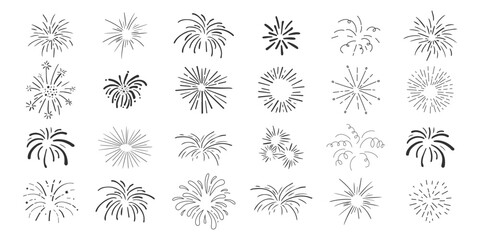 Set fireworks doodle line explosion radial sparkler with rays, hand drawn firecrackers simple and round decoration isolated on white background.