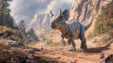 Naklejka premium A dinosaur with horns and a frill on its head walks through a desert landscape.