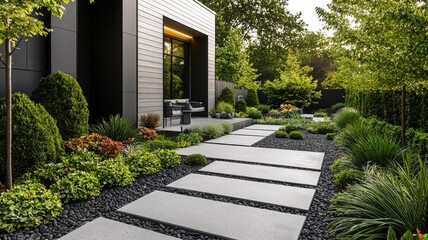 Obraz premium Stylish garden pathway with modern landscaping and greenery in a serene outdoor setting.