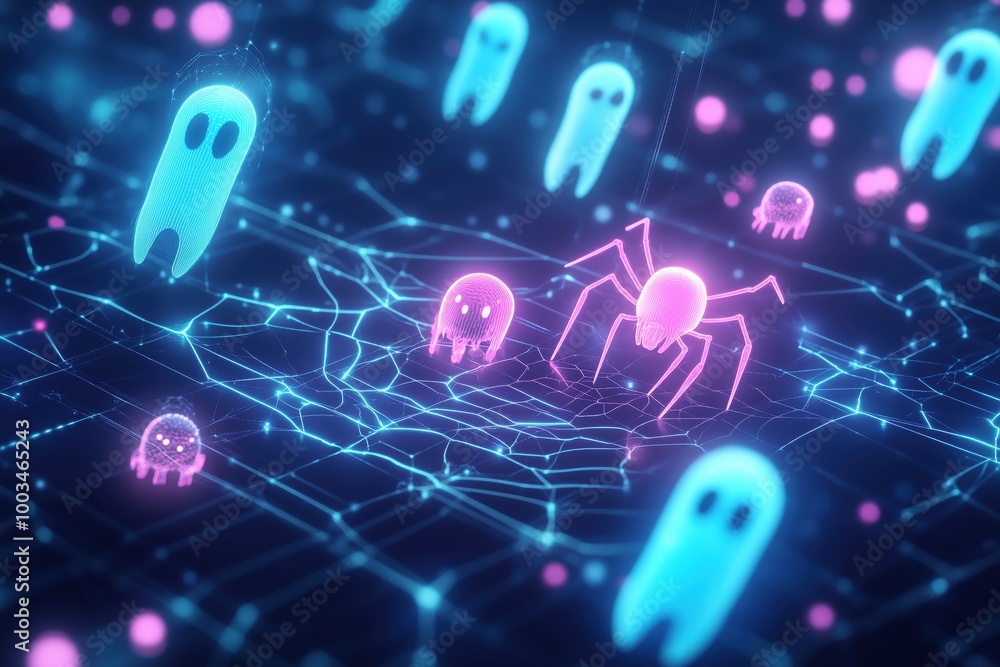 Poster this futuristic digital art scene features neon holographic creatures, including a glowing spider an