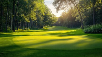 Obraz premium Beautiful golf course with emerald green grass, framed by dense woods, offering a calm and scenic sports environment.