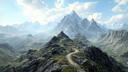 A winding path ascends a rocky mountain peak overlooking a vast, snow-capped mountain range.