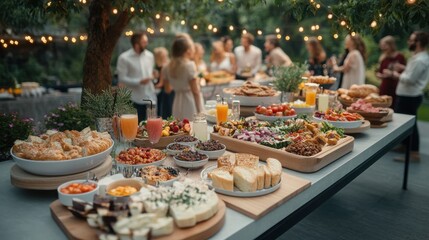Outdoor gathering with diverse food platters and people enjoying the ambiance.